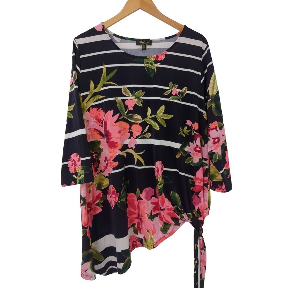 Melissa Paige Tunic Top Women 1X Black‎ White Floral Stretch Pullover Asymmetric